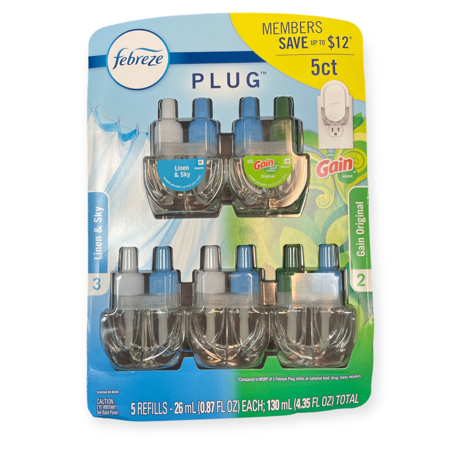 Febreze Plugs Air Freshener Refills, Linen and Sky & Gain , 5 Pack