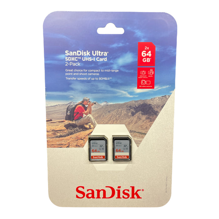 SanDisk Ultra 64GB SDXC UHS-I Class 10 Memory Card, 80MB/s (2 pack)