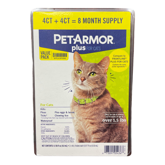 PetArmor Plus Flea & Tick Prevention for Cats with Fipronil, Waterproof (8 Pack)