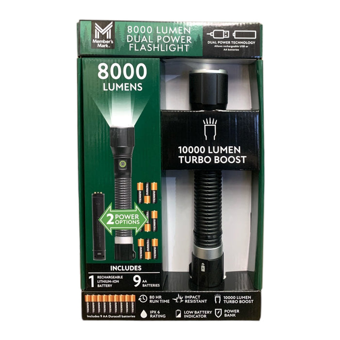 Member's Mark 8,000 Lumen Dual Power Flashlight,  80hr Run Time, IPX6 Waterproof