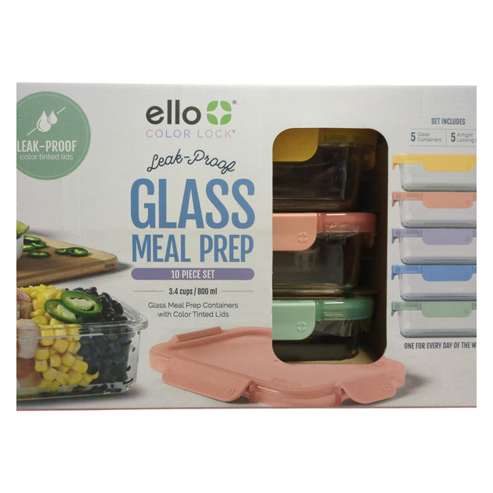 Ello Color Lock 3.4 Cup Glass Meal Prep Sets Leak-Proof Glass Food, 10pc