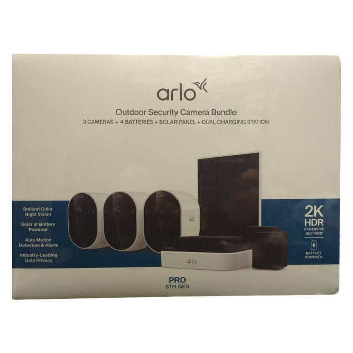 Arlo Pro Outdoor Security Camera Bundle, 3 Cameras, Solar Panel, 2K, White