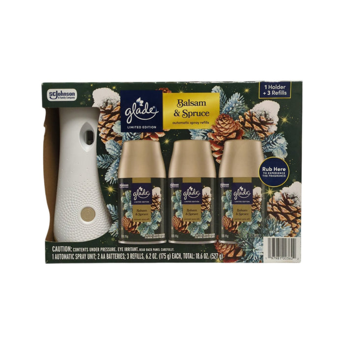 Glade Automatic Spray Air Freshener, 1 Device + 3 refills, Balsam & Spruce