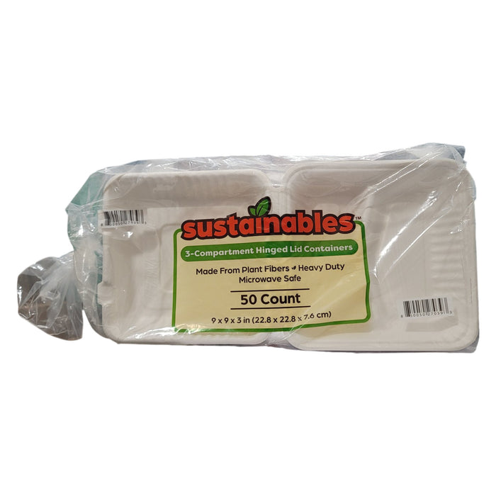 Sustainables 3 Compartment Hinged Lid To Go Food Container 9" x 9" , 50 ct.