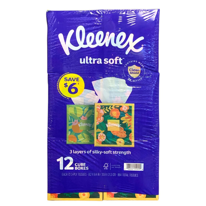 Kleenex Ultra Soft 3-Ply Facial Tissues, 12 Boxes - 72 Tissues Each, 864 Total
