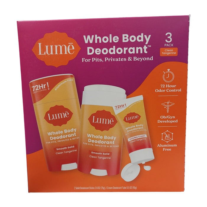 Lume Whole Body Solid Deodorant Stick & Mini Cream 3-Pack Set, Clean Tangerine