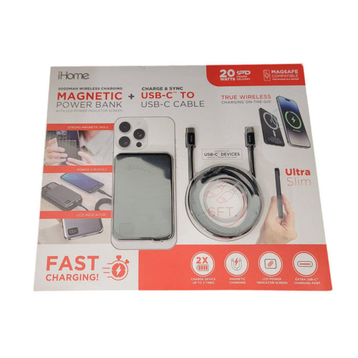 iHome 5000mAh Magnetic Power Bank with 6Ft USB-C Cable, MagSafe Compatible