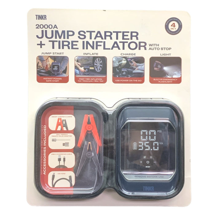 TINKR 2000A Jump Starter and Tire Inflator with Power Bank and Light
