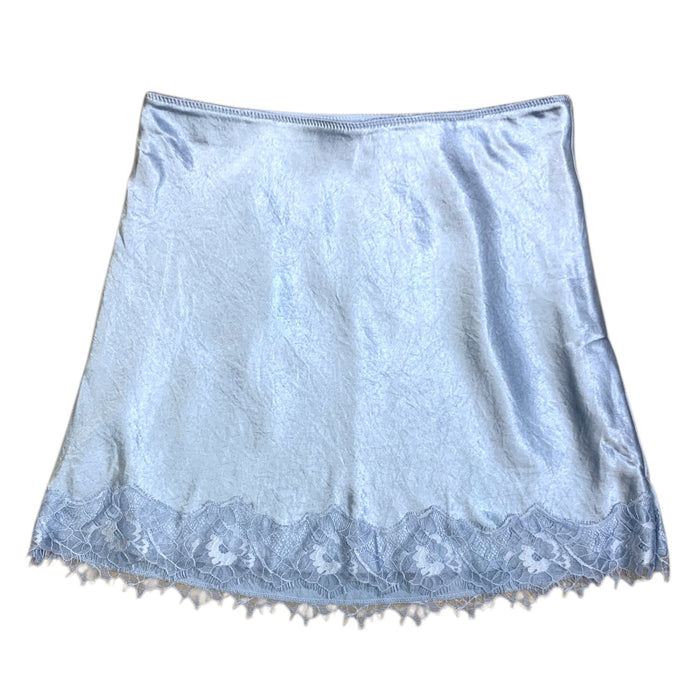 Express Women's Satin Mini Skirt with Scalloped Lace Hem and Eyelash Trim