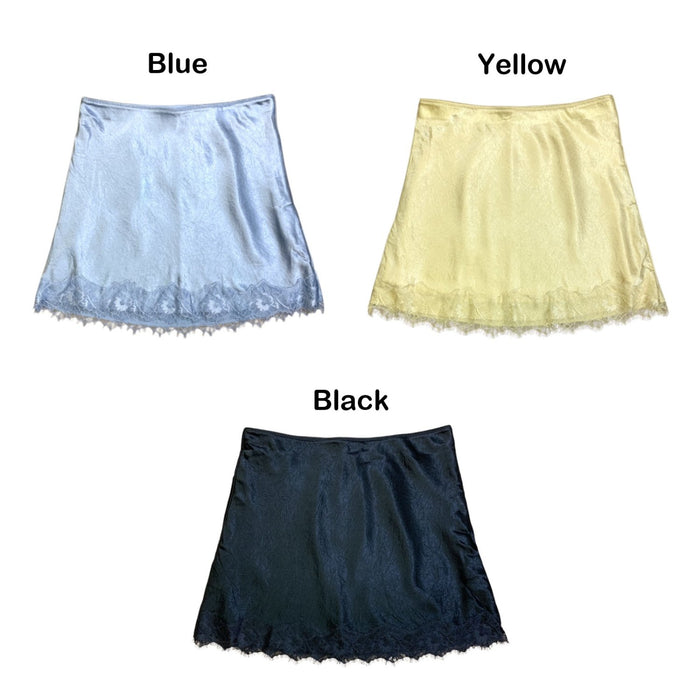 Express Women's Satin Mini Skirt with Scalloped Lace Hem and Eyelash Trim