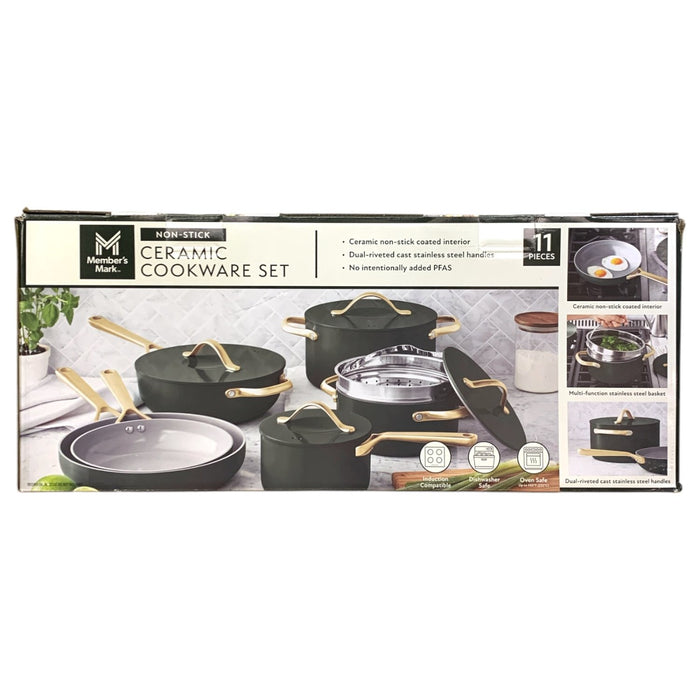 Member's Mark 11-Piece Non-Stick Ceramic Cookware Set - Hunter Green/Gold