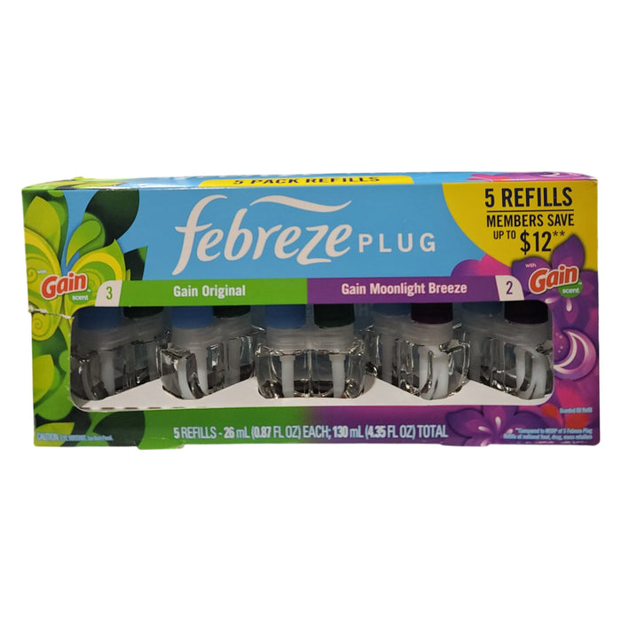 Febreze Plug Air Freshener, Gain Original, Gain Moonlight Breeze, 5 Refills