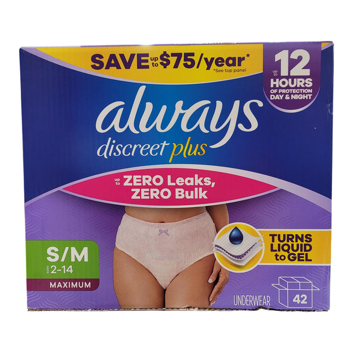 Always Discreet Plus Underwear for Women, Maximum Protection, S/M Sizes 2-14