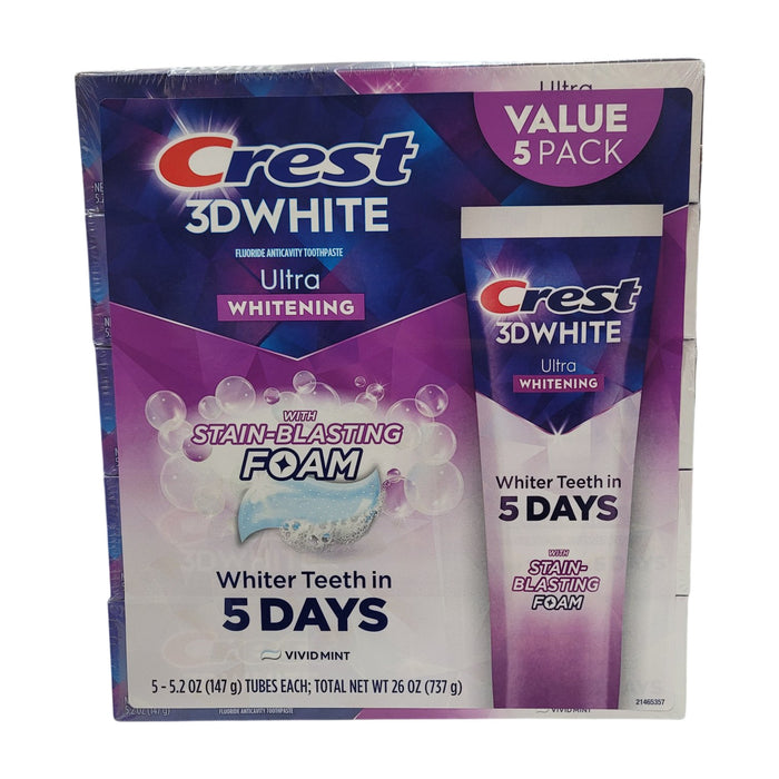 Crest 3D White Vivid Mint Ultra Whitening Toothpaste, 5.2 oz., 5 pk.