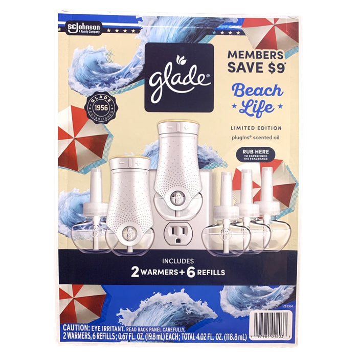 Glade PlugIns Scented Oil Air Freshener, Beach Life, 2 Warmers + 6 Refills