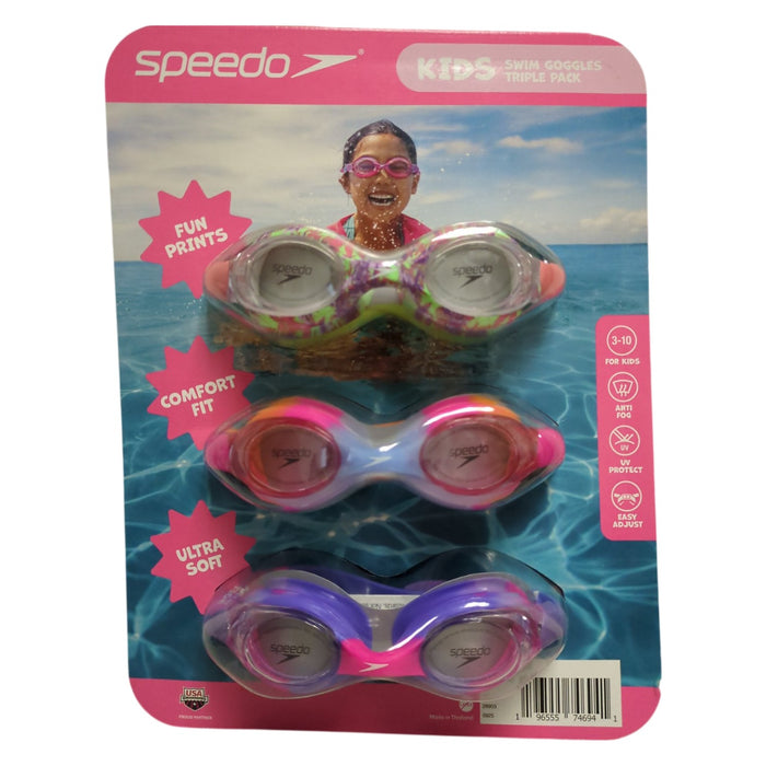 Speedo Kids Anti-Fog UV Protection Easy to Adjust Swimming Goggles, 3pk