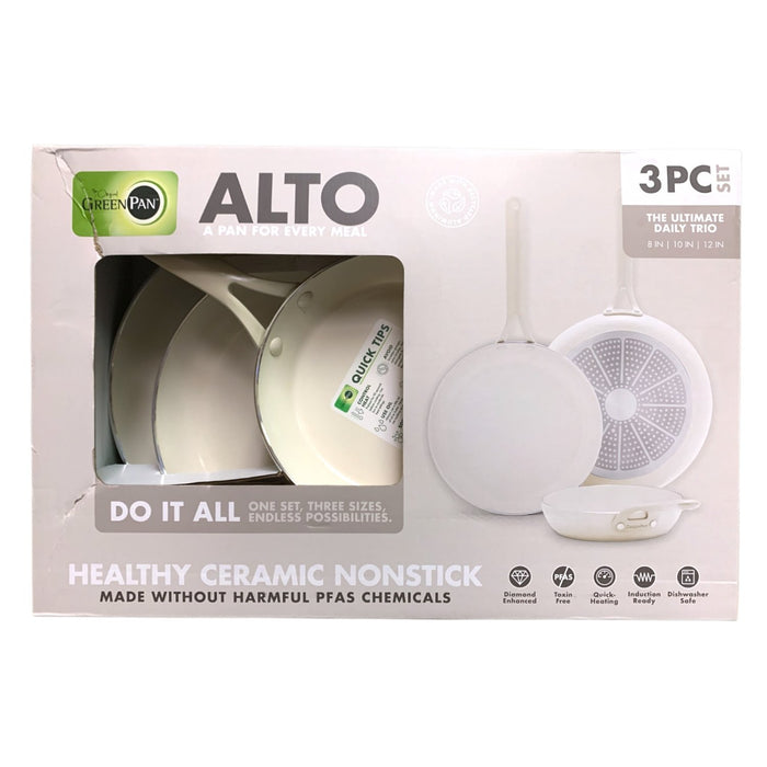 GreenPan Alto 8", 10" & 12" Ceramic Nonstick Fry Pan Set, 3 Pan Set - Cream
