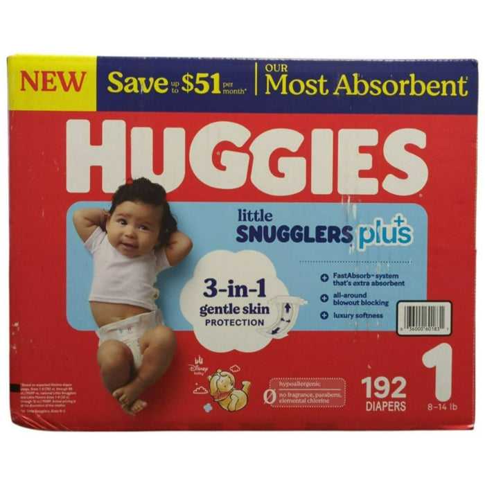 Huggies Little Snugglers Plus Disposable Baby Diapers, 192ct, Size 1(8-14 lbs)
