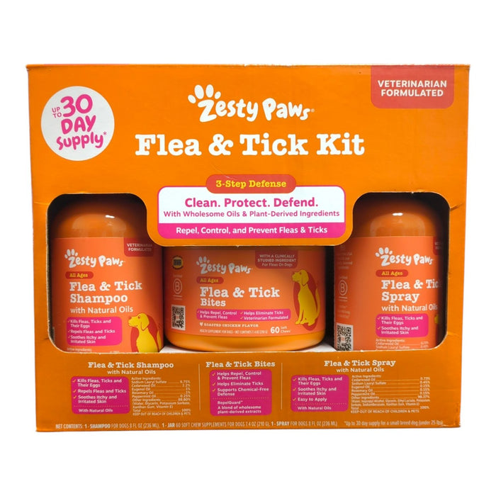 Zesty Paws Flea & Tick Kit for Dogs, 8oz Shampoo, 8oz Spray, 60ct Bites