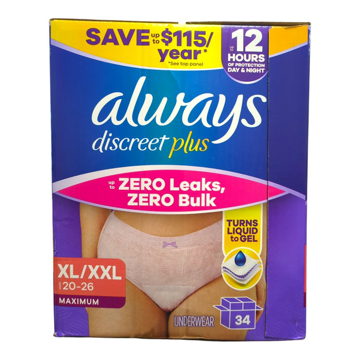 Always Discreet Plus Underwear for Women, Maximum Protection, 34ct, XL/XXL
