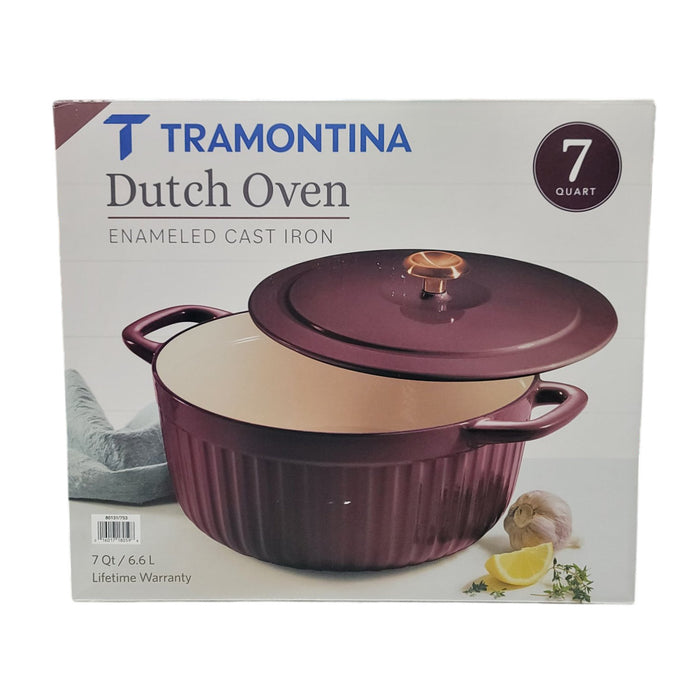 Tramontina 7 Quart Fluted Enameled Cast Iron Dutch Oven with Lid, Gourmet, Fig