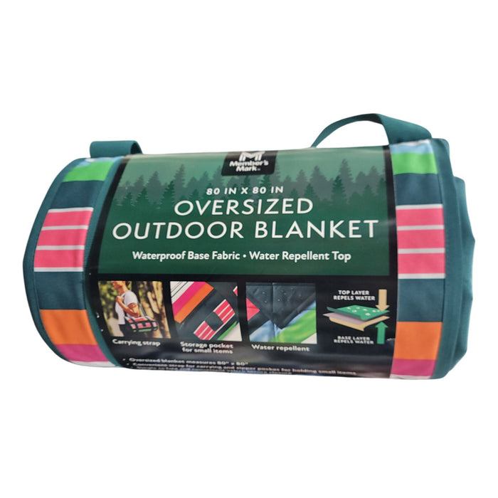 Member's Mark Oversized Outdoor Blanket, Red and Blue Plaid, 8' x 8' w/ Strap