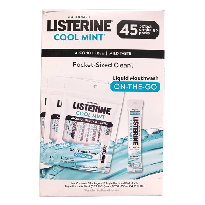 Listerine Cool Mint On-The-Go Liquid Mouthwash Packs, Alcohol Free, 45 Ct.