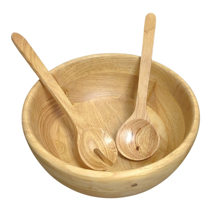 Member's Mark Durable Rubber Wood Salad Bowl with Servers, 3pc, Brown