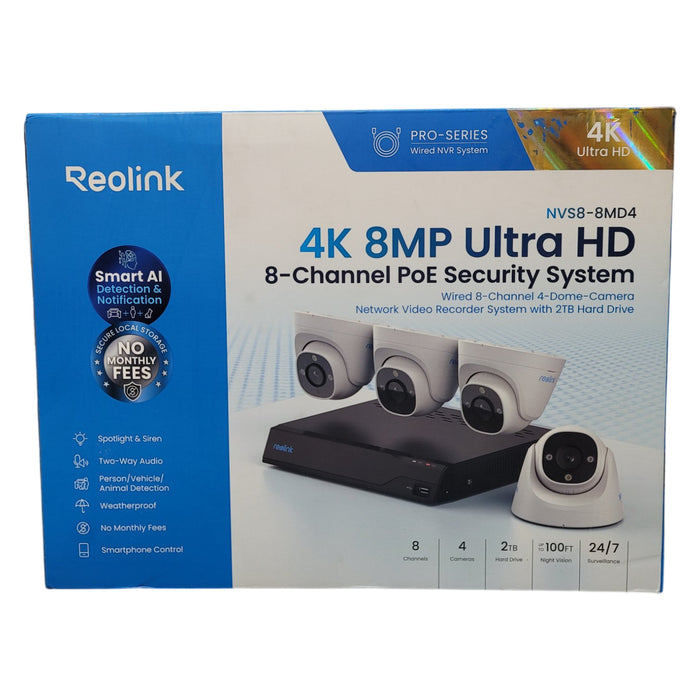 Reolink 4K 8MP Dome Cameras with 8-Channel 2TB NVR Security System, 4pk.