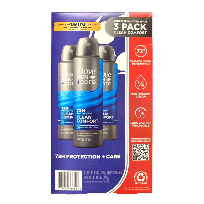Dove Men+Care Dry Spray Antiperspirant, Clean Comfort, 3.8 oz., 3 pk.