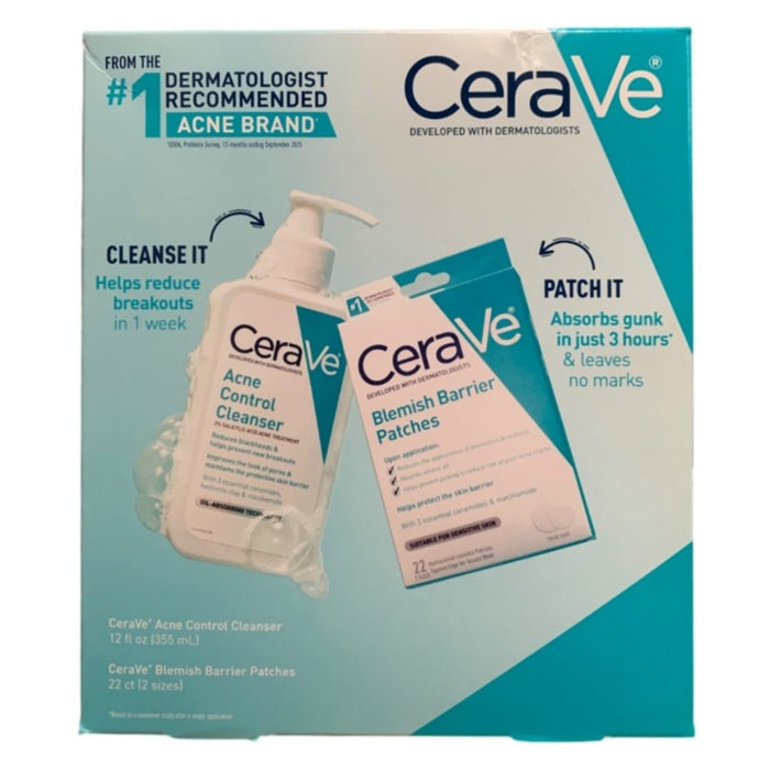 CeraVe Acne Control Cleanser, 12 oz & Blemish Barrier Patches, 22 count Duo