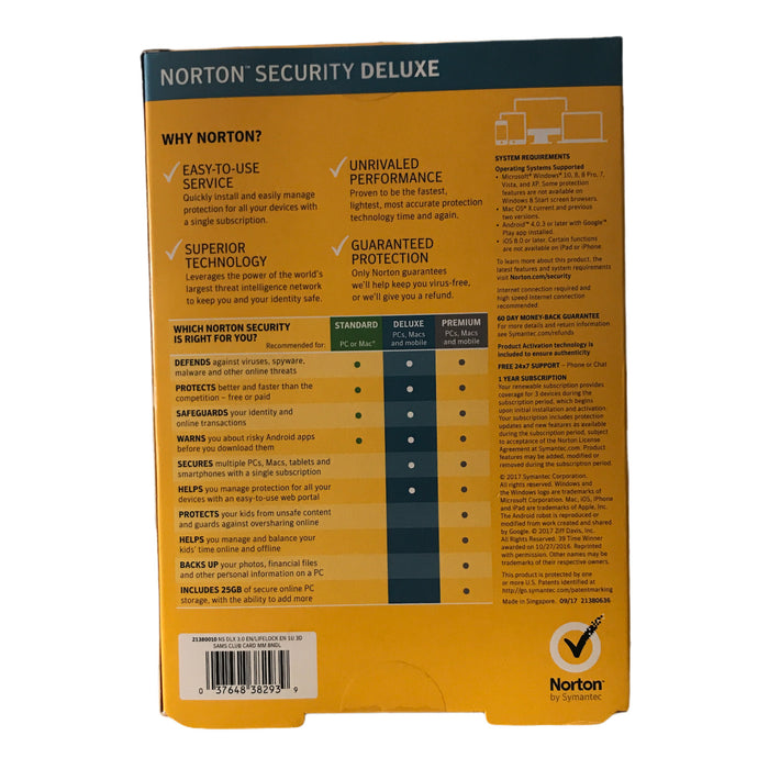 Symantec Norton Security Deluxe 3 Devices 1 Year Subscription