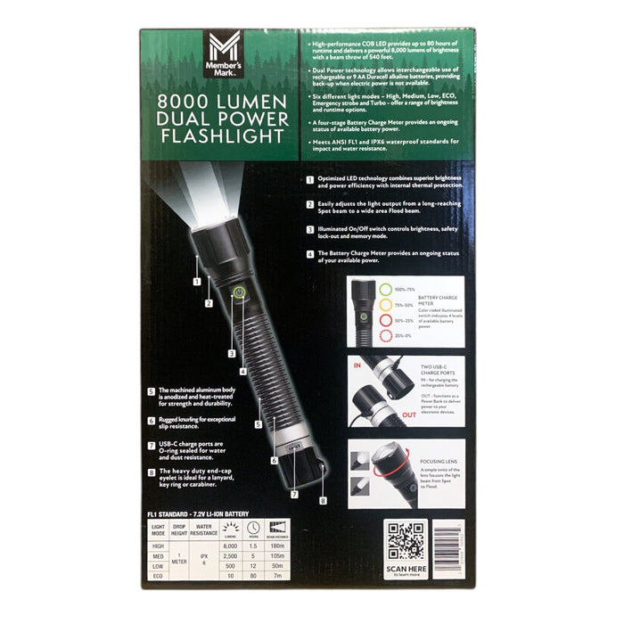 Member's Mark 8,000 Lumen Dual Power Flashlight,  80hr Run Time, IPX6 Waterproof