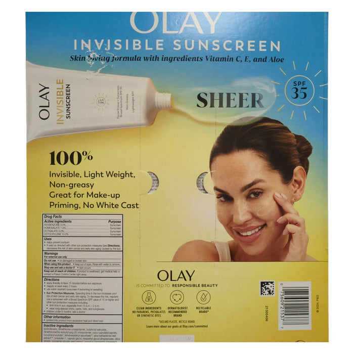 Olay Invisible Lightweight Sunscreen, SPF 35 + Primer, 1.7 floz., 2pk