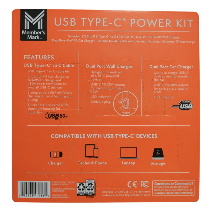 Member's Mark USB-C Cable Dual Port Wall Charger & Dual Port Car Charger Kit