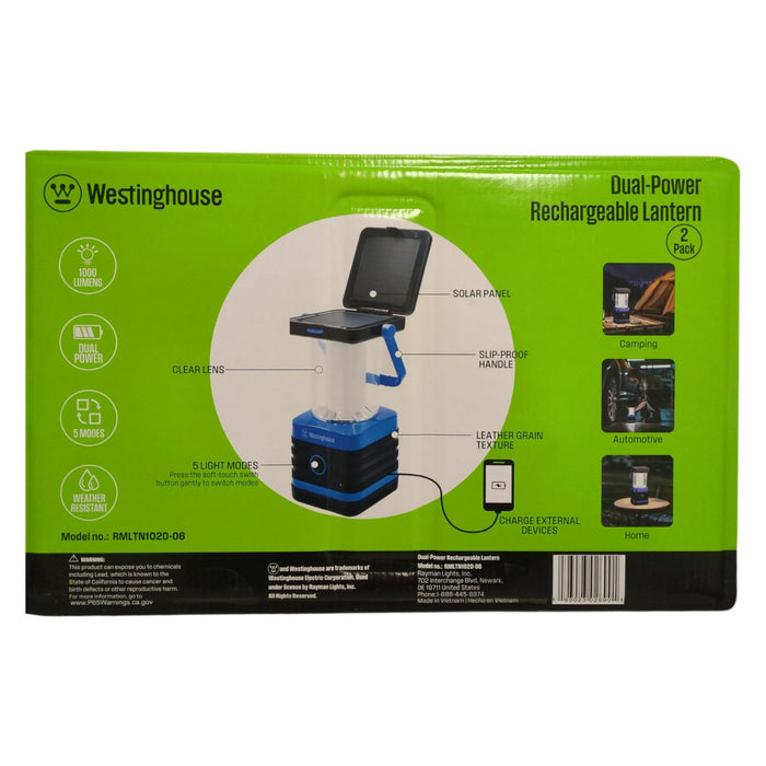 Westinghouse 1000 Lumen Solar Rechargeable LED Portable Lantern, 2 Pack, Blue