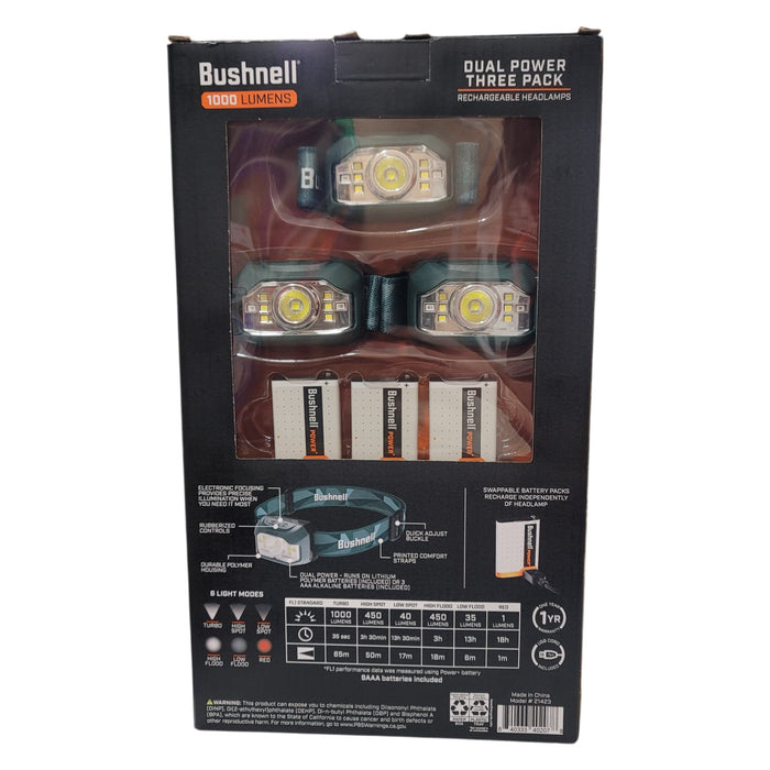 Bushnell 1000 Lumen Dual Power Hands Free Rechargeable Headlamps (3 Pack)