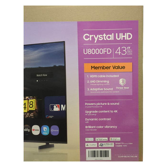 SAMSUNG 43in 4K Crystal UHD LED Backlit Smart TV, UN43U8000FD