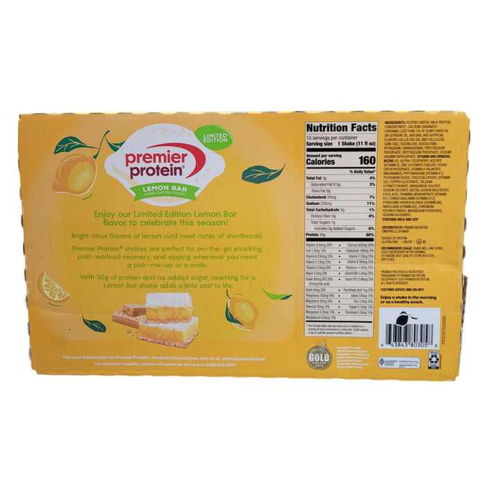 Premier Protein High Protein 30g Protein Shake, Lemon Bar, 11 fl. oz., 15 pk.