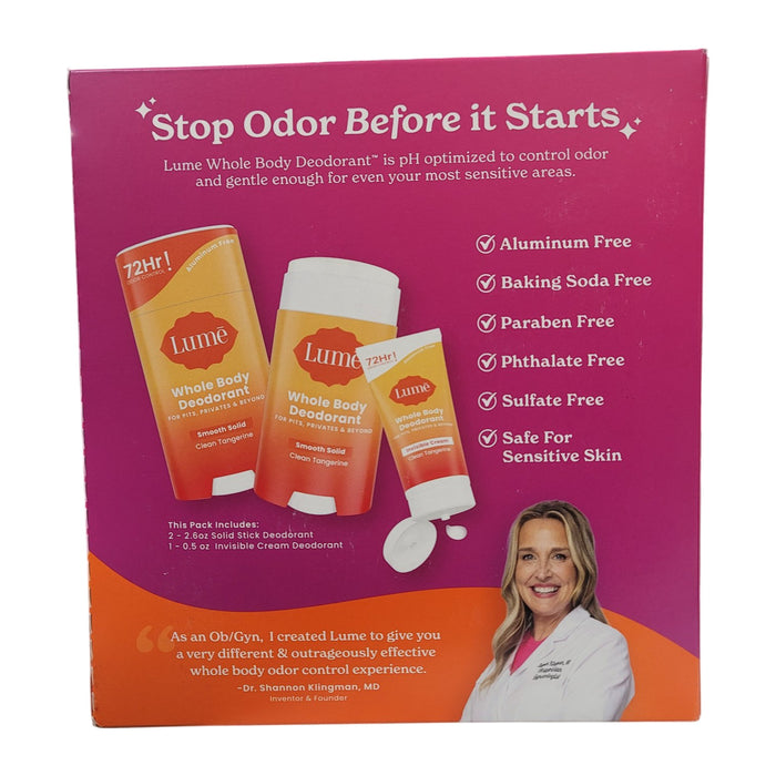 Lume Whole Body Solid Deodorant Stick & Mini Cream 3-Pack Set, Clean Tangerine