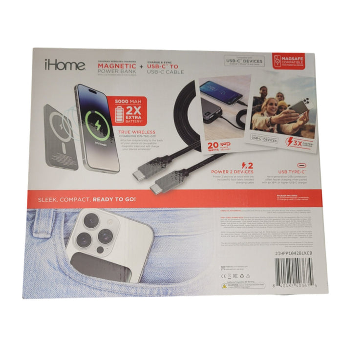 iHome 5000mAh Magnetic Power Bank with 6Ft USB-C Cable, MagSafe Compatible