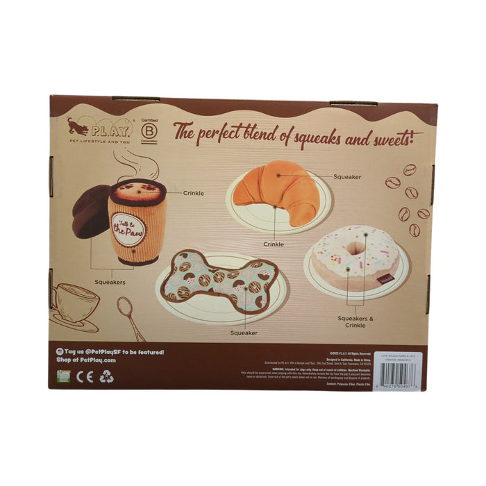 P.L.A.Y Pet Plush Squeaker & Crinkle Toys Canine Cafe, 4pc Bundle