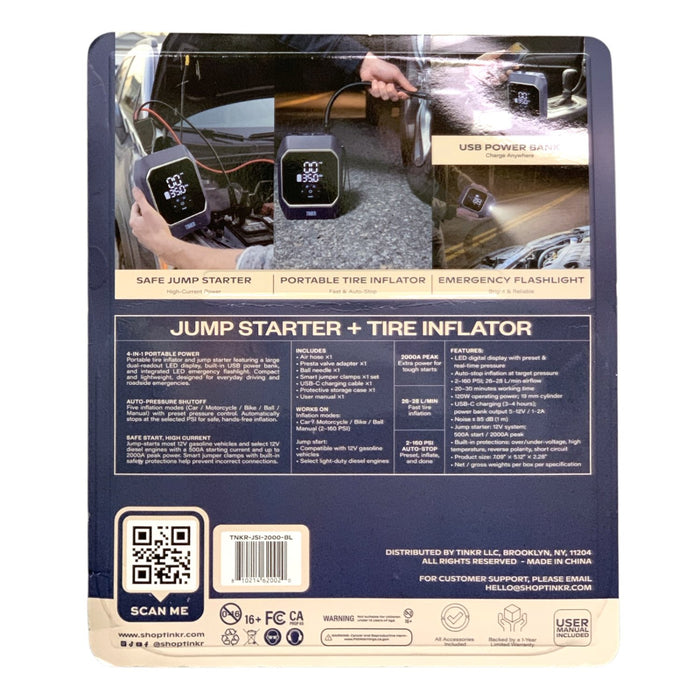 TINKR 2000A Jump Starter and Tire Inflator with Power Bank and Light