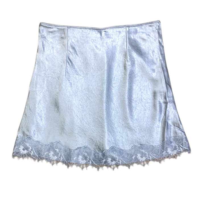 Express Women's Satin Mini Skirt with Scalloped Lace Hem and Eyelash Trim