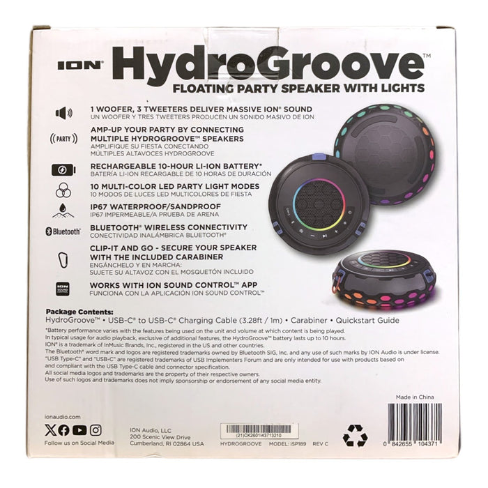 ION Audio HydroGroove Floating Bluetooth Party Speaker with Lights