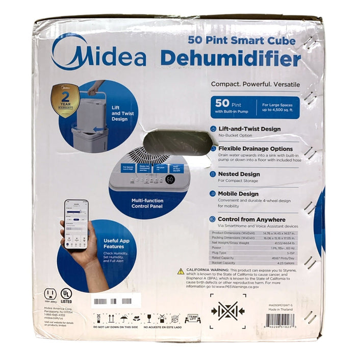 Midea 50 Pint Smart Cube Dehumidifier with Built-In Pump, MAD50PE1QWT-S