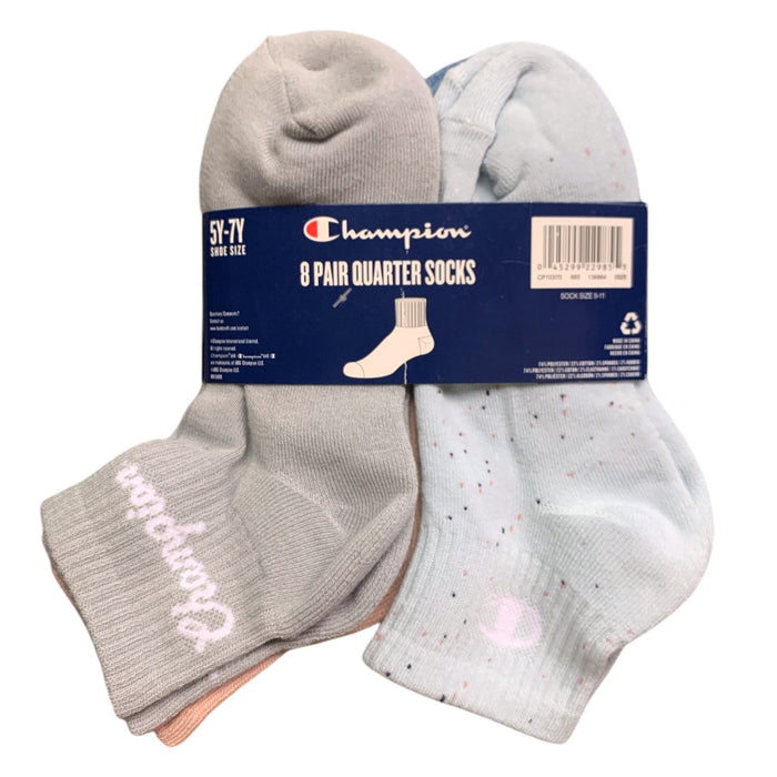 Champion Girl's Youth Quarter Socks 8-Pair, One Size, 5Y-7Y