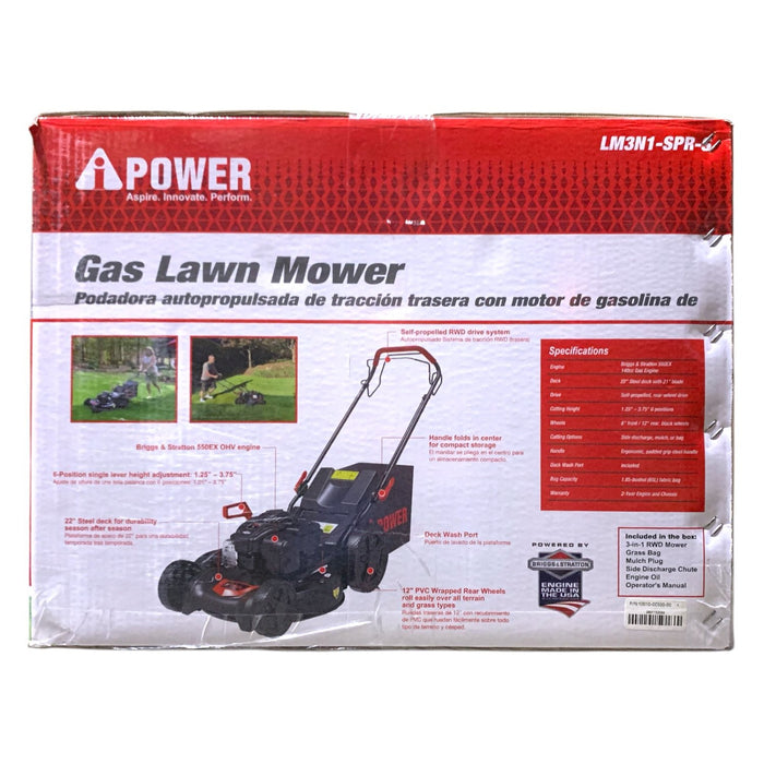 AiPower 22" 3-in-1 Self-Propelled RWD Gas Lawn Mower, LM3N1-SPR-S