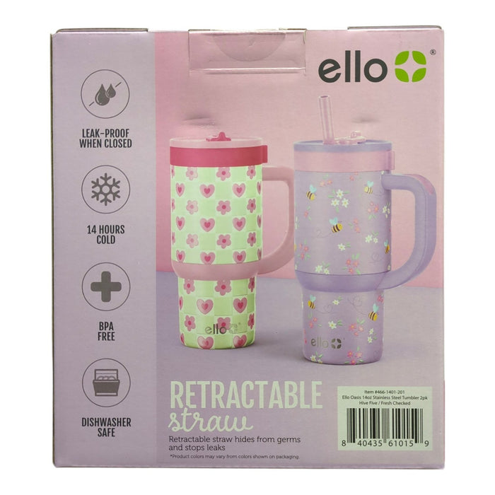 Ello Oasis 14oz Stainless Steel Kids Tumbler with Handle, 100% Leakproof, 2-Pack