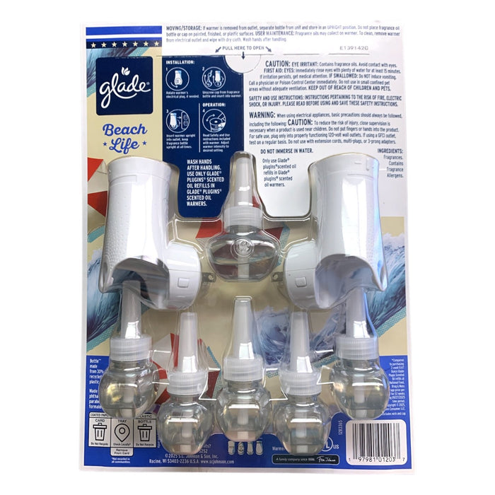 Glade PlugIns Scented Oil Air Freshener, Beach Life, 2 Warmers + 6 Refills